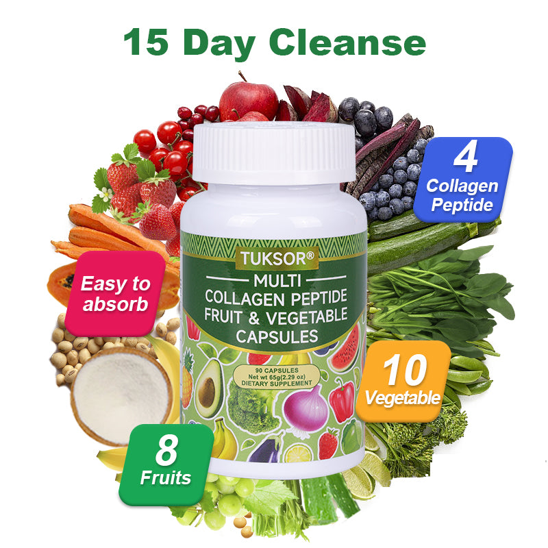 Multi Collagen Peptide Fruit & Vegetable Complex 15 Day Cleanse: Contains collagen peptides and organic fruits and vegetables, vitamins, minerals, fiber and amino acids, skin radiance, gastrointestinal care, detoxification, dietary supplement