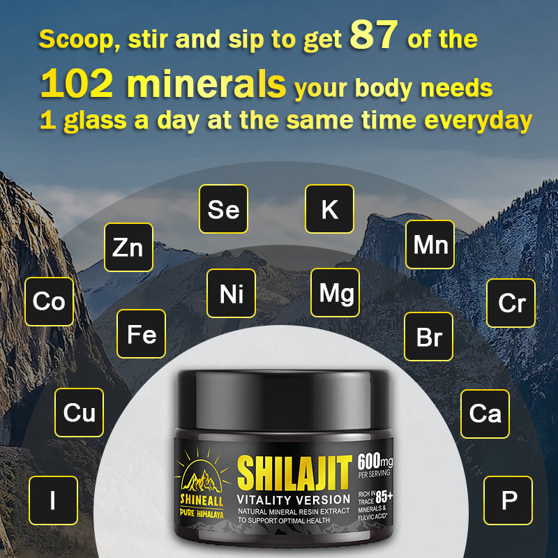 “VITALITY” version of SHILAJIT, with improved SHILAJIT purification technology, rich in trace minerals and fulvic acid, specifically designed to increase vitality, improve concentration, and increase physical performance, for both men and women.