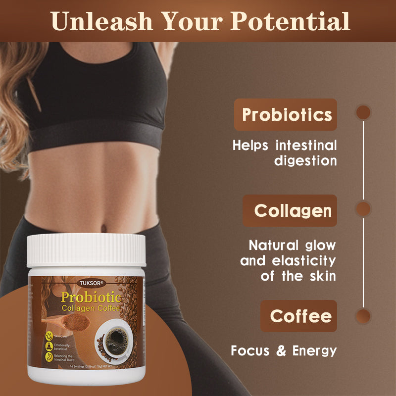 TUKSOR Probiotic Collagen Coffee: The Ultimate Blend of Probiotics, Coffee, and Collagen for Enhanced Skin Elasticity, Hydration, and Revitalization. Ideal for Late Nights, Overtime, and Poor Lifestyle Habits.