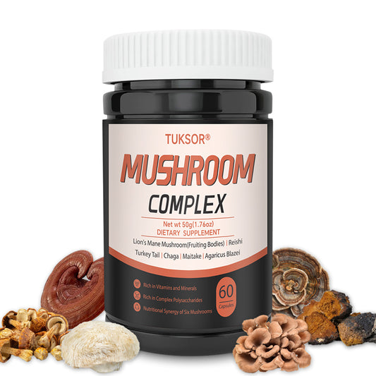 TUKSOR Organic Mushroom Supplement Complex:  6 High Strength Mushrooms: Lion’s Mane, Reishi, Turkey Tail, Chaga, Maitake, Agaricus for Energy, Focus, Memory, Immune & Digestive Health Support