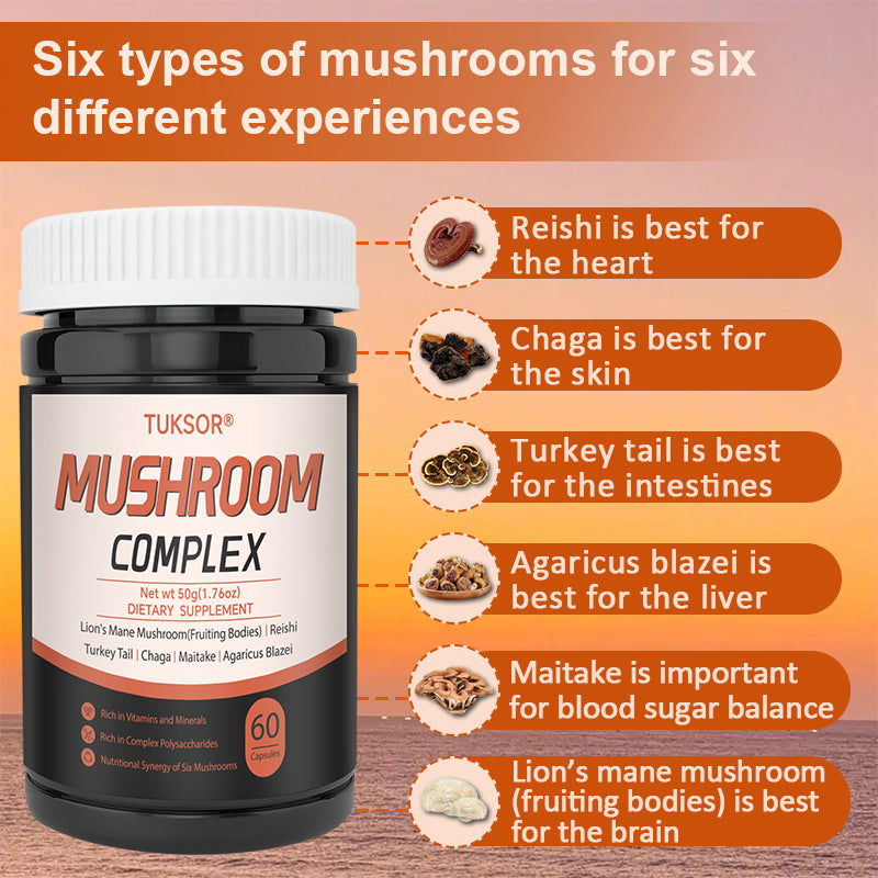 TUKSOR Organic Mushroom Supplement Complex:  6 High Strength Mushrooms: Lion’s Mane, Reishi, Turkey Tail, Chaga, Maitake, Agaricus for Energy, Focus, Memory, Immune & Digestive Health Support