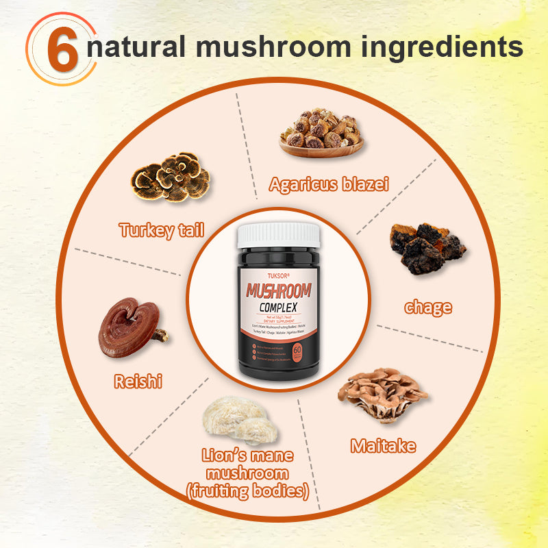 TUKSOR Organic Mushroom Supplement Complex:  6 High Strength Mushrooms: Lion’s Mane, Reishi, Turkey Tail, Chaga, Maitake, Agaricus for Energy, Focus, Memory, Immune & Digestive Health Support