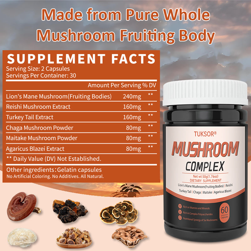 TUKSOR Organic Mushroom Supplement Complex:  6 High Strength Mushrooms: Lion’s Mane, Reishi, Turkey Tail, Chaga, Maitake, Agaricus for Energy, Focus, Memory, Immune & Digestive Health Support