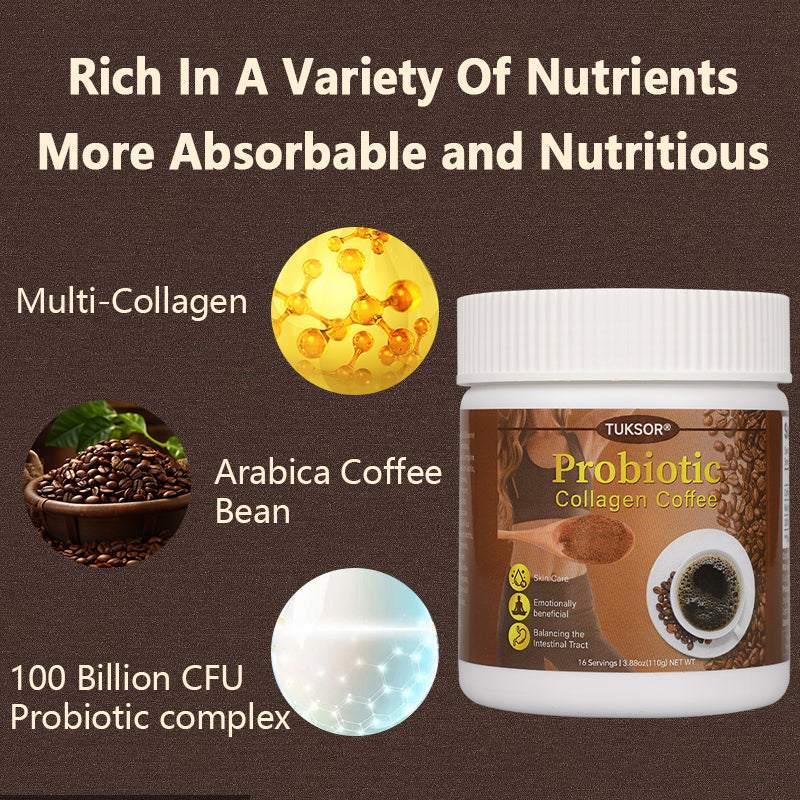 TUKSOR Probiotic Collagen Coffee: The Ultimate Blend of Probiotics, Coffee, and Collagen for Enhanced Skin Elasticity, Hydration, and Revitalization. Ideal for Late Nights, Overtime, and Poor Lifestyle Habits.